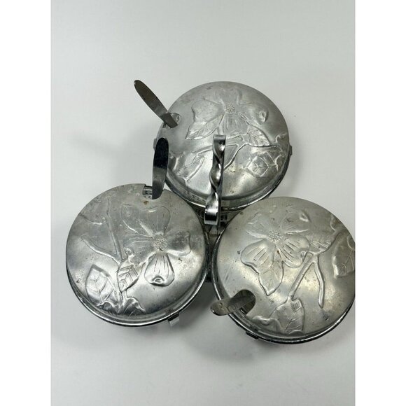 MCM Vtg Libbey Silver Appetizer Condiment Serving Caddy 3 Glass Bowls Lids Spoon - Picture 2 of 7